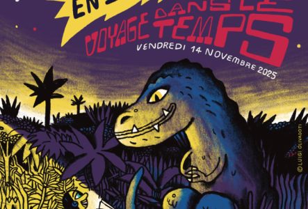 Image d'un dinosaure tranquillement assis devant un·e conteur·euse qui lui lit une histoire à la tombée de la nuit.