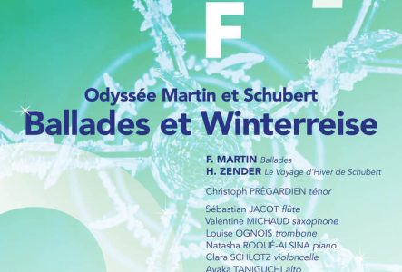 Affiche verte, avec les mentions suivantes : Odyssée Martin et Schubert - ballades et Winterreise. Le 14 juin à 17h00 au Victoria Hall. Avec l'Orchestre de chambre de Genève et le Lemanic Modern Ensemble sous la direction de Thierry Fischer.