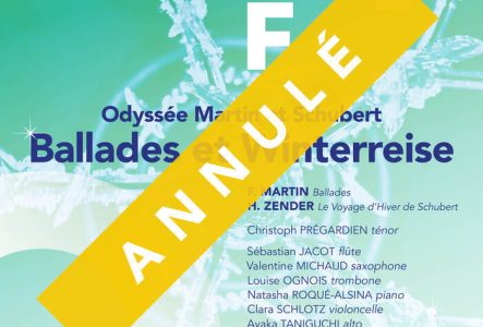 Affiche verte, avec les mentions suivantes : Odyssée Martin et Schubert - ballades et Winterreise. Le 14 juin à 17h00 au Victoria Hall. Avec l'Orchestre de chambre de Genève et le Lemanic Modern Ensemble sous la direction de Thierry Fischer.