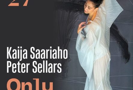 C’est une affiche artistique présentant une danseuse vêtue de blanc, dansant sous un tissu sombre. Le texte annonce la saison 2026-2027 et met en avant Kaija Saariaho, Peter Sellars et Only the Sound Remains.