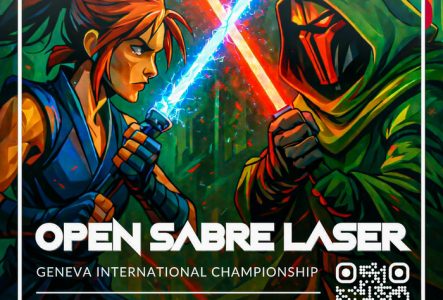 Une femme croise son arme laser bleu avec celle rouge d'un combattant masqué.