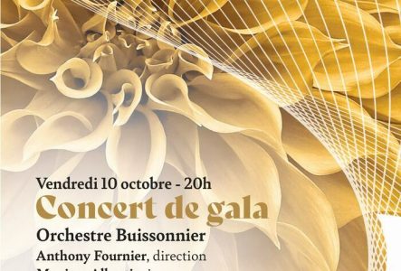 Fleur dorée avec informations de date et lieu du concert