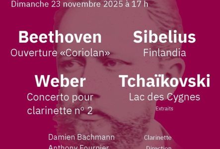 Affiche de la soirée sur un fond rouge vin, information des oeuvres qui seront jouées et des artistes.