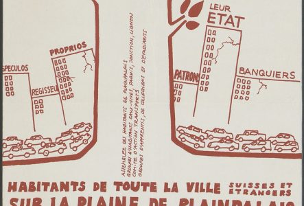 Affiche avec comme titre "L'état abat - nous reboisons". En-dessous, la silhouette d'un arbre vu en coupe se fait assaillir par des voitures et des immeubles. En-dessous, un texte appelle les habitants de toute la ville à planter un grand peuplier aux Minoteries le samedi 29 à 15h.