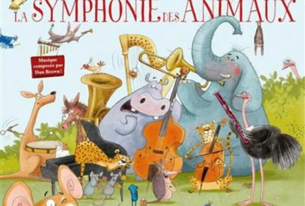 La symphonie des animaux Pochette du livre "La symphonie des animaux" : illustration de différents animaux, tels autruche, éléphant, chauve-souris, kangourou, oiseaux, etc, en train de jouer d'un instrument de musique.