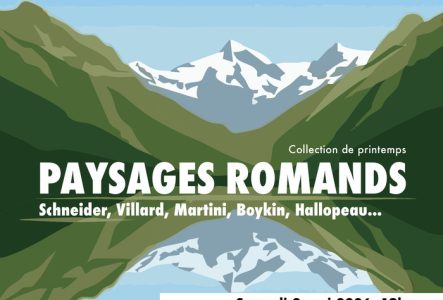 Dessin d'un paysage alpin qui se reflète sur le Léman