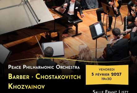L'affiche du concert du 5 février 2027 du Peace Philharmonic et Nikolay Khozyainov qui interprétent l’Adagio de Barber, le Concerto pour piano n° 1 de Chostakovitch, ainsi que l’Intermezzo et le Concerto pour piano de Nikolay Khozyainov.