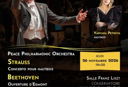 L'affiche du concert du Peace Philharmonic du 26 novembre 2026. Nikolay Khozyainov, direction. Varvara Petrova, hautbois