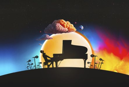 Visuel de la tournée 2026 (dessin de l'artiste au piano sur une colline avec une plein lune en arrière plan