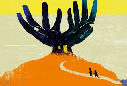 Deux personnage se dirigent en haut d'une montagne jusqu'à un arbre