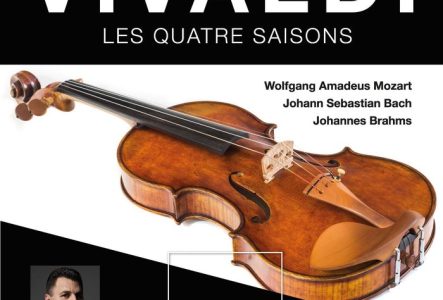 Image promotionnelle de la Philharmonie der Solisten montrant le chef d'orchestre et un violon, le logo de l’orchestre et le texte «Le meilleur de toutes les époques – du baroque à la musique moderne».
