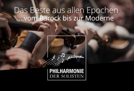 Image promotionnelle de la Philharmonie der Solisten montrant des musiciens à cordes en train de jouer, le logo de l’orchestre et le texte «Le meilleur de toutes les époques – du baroque à la musique moderne».