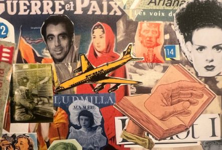 Un collage d'images diverses. Le titre Guerre et Paix, le mot Musée Ariana, le texte Ludmilla Ma mère. Des mains, des visages.