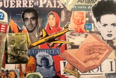 Un collage d'images diverses. Le titre Guerre et Paix, le mot Musée Ariana, le texte Ludmilla Ma mère. Des mains, des visages.