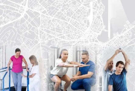 Image de la carte de la ville de genève en arrière-plan et des physios en avant