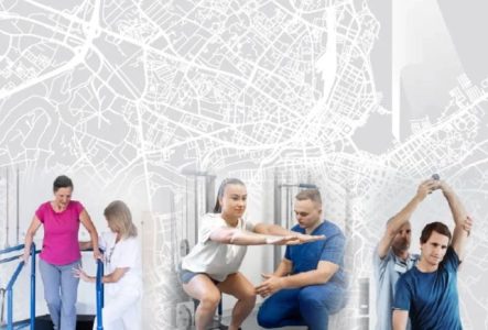 3 personnes prises en charge par des physiothérapeutes, accomplissant des exercices, devant une carte du canton de Genève en toile de fond