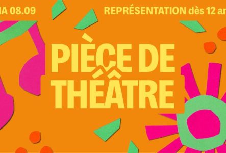 Sur fond orange on retrouve des motifs colorés et le titre écrit en jaune