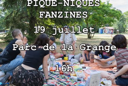 Groupe de personnes lisant dans un parc, infos de l'événement en surimpression