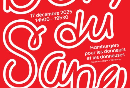 Sur un don rouge écrit en blanc : Don du sang avec les logos des partenaires