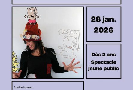 Image avec une femme, avec un chapeau rouge, entourée de dessin d'ours et de canards.