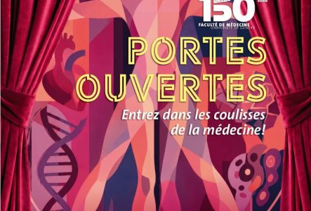 Image colorée sous forme de dessin. Corps humain et éléments en lien avec la médecine (cœur, ADN...)  qui apparaissent derrière un rideau de théâtre qui s'ouvre.