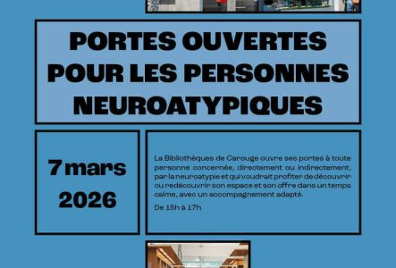 Une première image avec la devanture de la bibliothèque de Carouge et une deuxième image avec les rayonnages contenant les livres de la bibliothèque.