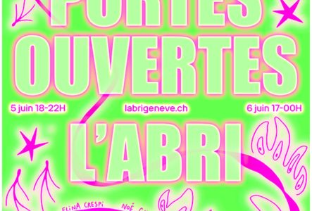 L'affiche mentionne les informations pratiques des journées Portes ouvertes avec les dates, l'adresse et la saison. Elle est aux couleurs de la saison 25-26 soit rose et vert fluo avec une flèche qui chemine au travers de l'affiche, reflétant le caractère déambulatoire des Portes ouvertes dans le bâtiment de la Madeleine, avec les noms des artistes tout au long.