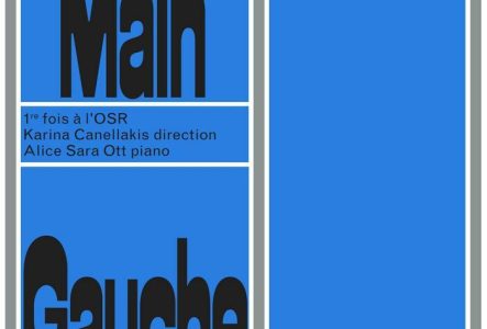 Affiche de la soirée mentionnant Main Gauche en noir gras sur un fond bleu et les informations sur la direction et soliste de la soirée