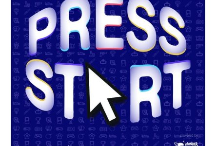 Nom de l'événement PRESS START avec fond icônes jeux vidéos