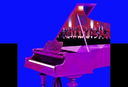 Affiche de l'énénement: piano à queue rose, ouvert avec une photo de musiciens saluant le public sur l'intérieur du piano