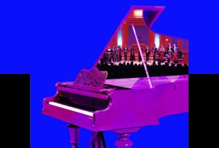 Affiche de l'énénement: piano à queue rose, ouvert avec une photo de musiciens saluant le public sur l'intérieur du piano