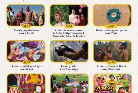 affiche qui présente les images et intitulés des 9 événements de la Mouette au jardins de la Jonction