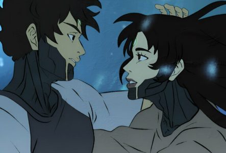 Image tirée du film de Tabarak Allah Abbas, Mawtini, 2024, représentant deux personnages dessinés de style manga, un homme la main dans les cheveux noirs de la femme.