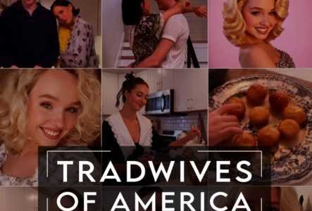 Titre « Tradwives of America », avec des photos de femmes, de repas parfaits et de couples mariés.