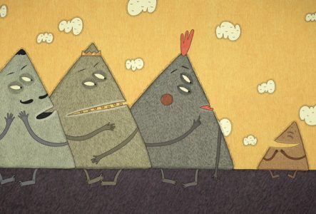 Dessin d'un groupe de figures semblable à des montagne ou à des tipis humanisés.
