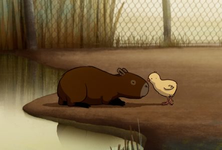Un capybara et un poussin
