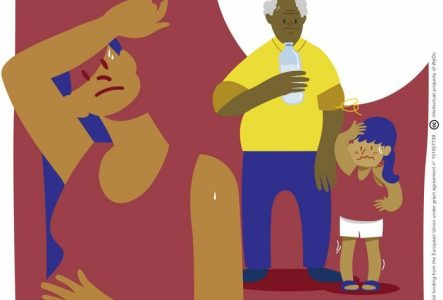 Trois personnes souffrent de la chaleur : une femme en sueur, un homme âgé avec une bouteille d’eau et une fillette qui se sent mal.