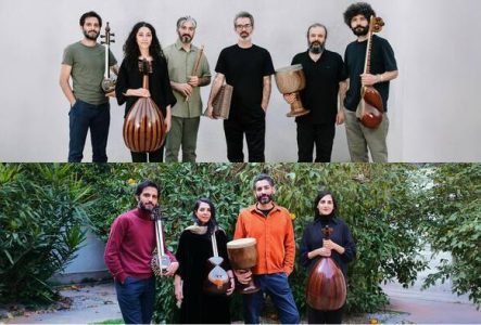 Montage photo des deux groupes qui posent avec leurs instruments