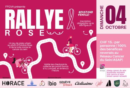 Flyer annonçant l'événement du Rally Rose. Un rallye cycliste et solidaire visant à collecter des fonds pour lutter contre le cancer du sein dans le cadre d'octobre rose. Rallye ouvert à toutes et à tous, jeune et moins jeunes, tout type de vélo autorisé.