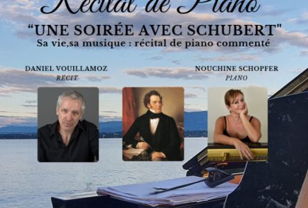 lac léman en arrière fond avec portrait de la pianiste, du commentateur et de schubert