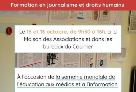 Des unes du Courrier affichées et un texte faisant la publicité de la formation Rédacthon 2026, Formation journalisme et droits humains. Le 15 et 16, de 09 à 16h30 à la maison des associations et dans les bureaux du Courrier. A l'occasion de la semaine mondiale de l'éducation aux médias et à l'information. Logo du Codap suivi du logo du Courrier
