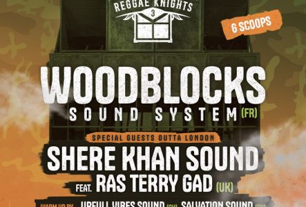 Axel G. Affiche de l’événement Reggae Knights #3 au Groove, le samedi 1er novembre 2025. En haut, on voit une grande enceinte de sound system stylisée sur fond vert et orange avec un motif camouflage. Le texte annonce les artistes : Woodblocks Sound System (FR), Shere Khan Sound feat. Ras Terry Gad (UK), Upfull Vibes Sound (CH) et Salvation Sound (CH). Les logos du Corner25 et du Groove figurent en bas de l’affiche, avec les informations pratiques : 23h–5h, 18 CHF, 9 Rue des Gazomètres, Genève.