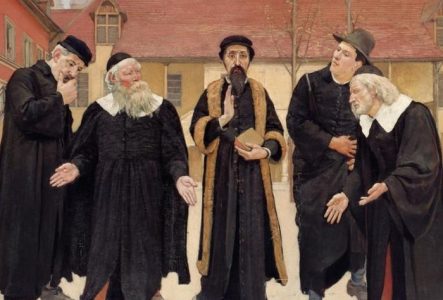 Tableau de Ferdinand Hodler "Calvin et les professeurs dans la cour du Collège de Genève"