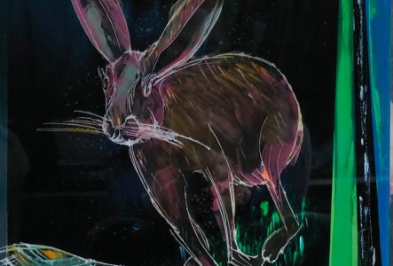 Flyer de l'exposition de Didier Merlin, représentant un lièvre qui court