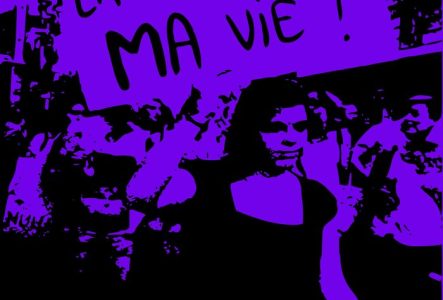 image de la grève féministe à Genève avec une femme brandissant une pancarte "je suis la femme de ma vie"