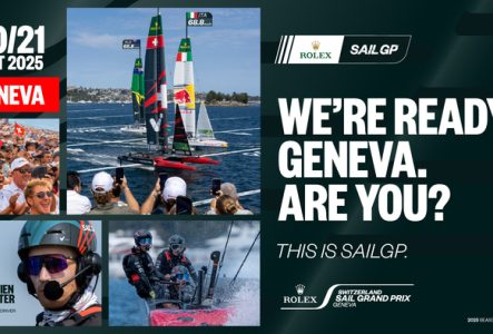 SailGP Artwork promoting SailGP, featuring f50 boats, Sebastian Schneiter, and cheering crowds.