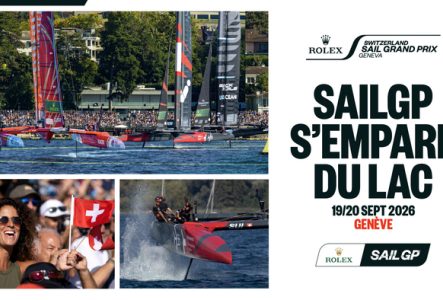 Image shows SailGP F50 boats, and woman in crowd cheering. Text reads 'SAILGP S'EMPARE DU LAC, 19/20 SEPT 2026, GENÉVE'