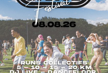 Cette image est l'affiche du Run & Dance Festival, on peut voir des personnes sur un terrain en train de s'entrainer.