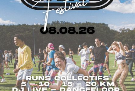 Cette image est l'affiche du Run & Dance Festival, on peut voir des personnes sur un terrain en train de s'entrainer.