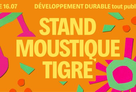 Sur fond orange on retrouve des motifs colorés et le titre écrit en jaune